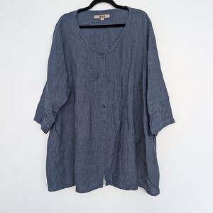 Flax Linen Blue Pintuck Half Sleeve Button-Up Tunic Blouse Sz L Lagenlook